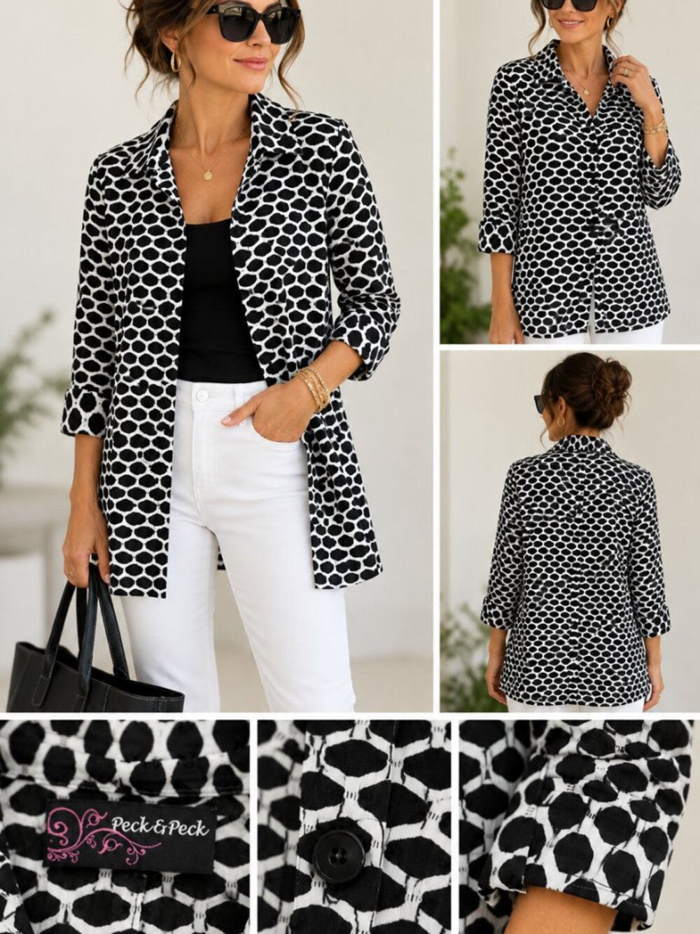 Peck and Peck Black and White Lightweight Geometric Print Jacket Topper.